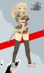  bad_id black_legwear blonde_hair blue_eyes camouflage crossed_arms fingerless_gloves freckles gloves ogitsune_(ankakecya-han) open_mouth original ponytail sleeves_rolled_up solo strike_witches strike_witches_1991 tail thighhighs uniform 