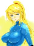  blonde_hair blue_eyes bodysuit breasts bust large_breasts lipstick long_hair makeup metroid michael nintendo ponytail samus_aran scrunchie skin_tight solo swept_bangs zero_suit 