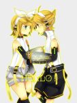  ahoge bad_id blonde_hair brother_and_sister detached_sleeves hair_ornament hair_ribbon hairclip headphones kagamine_len kagamine_len_(append) kagamine_rin kagamine_rin_(append) len_append navel ribbon rin_append short_hair shorts siblings smile tetta twins vocaloid vocaloid_append 