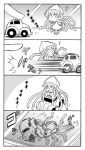  4koma ? accident bracelet car choro-q comic fingers gikogakodo hat ikamusume jewelry long_hair mini-ikamusume minigirl monochrome motor_vehicle riding shinryaku!_ikamusume silent_comic tentacle_hair toy vehicle wakabayashi_makoto window 