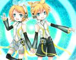  blonde_hair blue_eyes chibi choker detached_sleeves earphones fang female gloves headphones high_collar holding_hands kagamine_len kagamine_len_(append) kagamine_rin kagamine_rin_(append) long_gloves male navel navel_cutout ponytail ribbon short_hair shorts smile teal_eyes twins vocaloid 