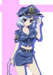  1girl breasts cleavage cuffs female handcuffs hat henriette_mystere hoshino_sora midriff navel police police_uniform policewoman purple_eyes shadow silver_hair skirt sleeves_rolled_up solo tantei_opera_milky_holmes taut_shirt uniform violet_eyes 