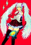  blue_eyes blue_hair detached_sleeves hatsune_miku highres long_hair moriko06 necktie simple_background skirt solo thigh-highs thighhighs twintails very_long_hair vocaloid 