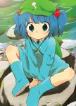 backpack bag blue_eyes blue_hair boots expressionless hair_bobbles hair_ornament hat ica indian_style kawashiro_nitori key randoseru rock rubber_boots short_hair sitting solo stare touhou twintails v_arms water wide-eyed wide_eyed 