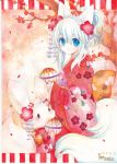  animal animal_ears blue_eyes blush bunny flower fox_ears hair_flower hair_ornament japanese_clothes kimono long_hair mosho obi original rabbit smile solo tail traditional_media white_hair 