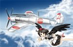  airplane black_hair camera chanko flying geta hat military nakajima_ki-84_hayate open_mouth propeller shameimaru_aya short_hair skirt sky solo tengu-geta tokin_hat touhou v wings world_war_ii wwii 