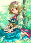  alice_margatroid ama-tou blonde_hair book capelet character_doll doll flower hairband hat highres ivy kirisame_marisa lily_of_the_valley no_socks orange_eyes shade short_hair sitting solo touhou tree tree_shade under_tree wariza witch_hat 