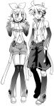  ahoge blush choker detached_sleeves earphones female gloves headphones high_collar kagamine_len kagamine_len_(append) kagamine_rin kagamine_rin_(append) long_gloves male monochrome navel navel_cutout ponytail ribbon short_hair shorts surprised twins vocaloid 