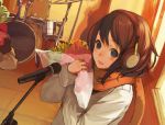  blush bouquet brown_hair drum face flower headphones instrument masatou microphone microphone_stand original perspective scarf shirabi_(life-is-free) solo window 