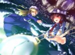  blonde_hair blurry bow brown_eyes brown_hair city_lights cityscape depth_of_field hair_bow hat holding_hands long_hair maribel_hearn multiple_girls necktie night open_mouth outstretched_arm outstretched_hand pocket_watch purple_eyes red_eyes ryosios short_hair smile touhou usami_renko violet_eyes watch 