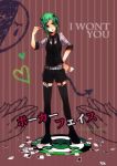  blue_eyes card cherrying engrish face_paint facepaint garters gradient_hair green_hair gumi highres holding holding_card horns lying_card multicolored_hair poker_face_(vocaloid) ranguage short_hair shorts solo tail thigh-highs thighhighs vocaloid 