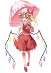  blonde_hair emu_ichigo flandre_scarlet hat looking_at_viewer parasol ponytail red_eyes short_hair side_ponytail simple_background solo standing the_embodiment_of_scarlet_devil touhou umbrella walking wings 