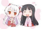  black_hair blush_stickers bow chibi closed_eyes fanfad fujiwara_no_mokou hair_bow heart houraisan_kaguya ladfa long_hair multiple_girls red_eyes suspenders touhou white_hair 