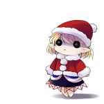  :c blonde_hair chibi christmas hat mizuhashi_parsee pointy_ears santa_costume santa_hat simple_background solo touhou turn_pale yume_shokunin 