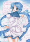  blue_eyes blue_hair breasts cloud clouds from_behind hood jewelry kumoi_ichirin long_hair ncl ring shawl touhou traditional_media turning unzan 
