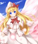  blonde_hair blouse blue_eeys blue_eyes blush bow capelet cloud clouds fairy hat hat_ribbon lily_white long_hair outstretched_arms ribbon sakura_yuuya skirt sky solo spread_arms touhou very_long_hair wings 