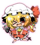  &gt;:) &gt;:d :d ;d blonde_hair blush chibi dress fang flandre_scarlet laevatein lance noai_nioshi open_mouth polearm red_eyes short_hair side_ponytail smile solo the_embodiment_of_scarlet_devil touhou weapon wings wink 