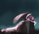  artist_request cha hat highres lying purple_hair rain remilia_scarlet short_hair solo tombstone touhou wings 