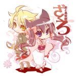  animal_ears blush bow chibi fox_ears hair_bow japanese_clothes kimono long_hair military military_uniform momoi_(utakata) momoi_ryouta obi otome_youkai_zakuro purple_eyes sword twintails uniform violet_eyes weapon yellow_eyes zakuro zakuro_(otome_youkai_zakuro) 