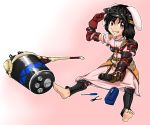  animal_ears armor armored_dress barefoot black_hair bunny_ears feet gloves grin hammer inaba_tewi mga-lu monster_hunter pink_background red_eyes short_hair smile solo touhou 