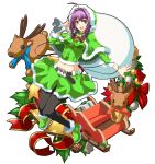  ahoge bag bell capelet copyright_request green_eyes headphones highres midriff nail_polish navel open_mouth pantyhose purple_hair reindeer santa_costume shike_naoto sled solo star stuffed_animal stuffed_toy 