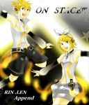  blonde_hair blue_eyes choker detached_sleeves earphones female headphones high_collar kagamine_len kagamine_len_(append) kagamine_rin kagamine_rin_(append) male ponytail ribbon short_hair shorts smile twins vocaloid 