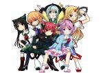  animal_ears black_hair blonde_hair bow braid cat_ears cat_tail chain chains choo_choo_train green_eyes green_hair hair_bow hat high_heels horn hoshiguma_yuugi kaenbyou_rin kayama_benio komeiji_koishi komeiji_satori mizuhashi_parsee multiple_girls multiple_tails pantyhose pink_eyes pink_hair posing red_eyes red_hair redhead reiuji_utsuho shoes simple_background smile smirk tail third_eye touhou twin_braids white_background wink 