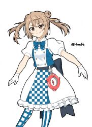  1girl alice_(alice_in_wonderland) alice_in_wonderland apron bow bowtie breasts brown_hair checkered_apron checkered_clothes checkered_legwear checkered_skirt checkered_thighhighs compass double_bun dress enemy_lifebuoy_(kancolle) gloves hair_bun hamuno highres kantai_collection looking_at_viewer medium_breasts michishio_(adventures_in_wonderland)_(kancolle) michishio_(kancolle) plaid_clothes plaid_thighhighs short_sleeves short_twintails simple_background skirt smile solo standing striped_clothes striped_thighhighs thigh-highs twintails two-tone_dress vertical-striped_clothes vertical-striped_thighhighs white_background white_gloves 