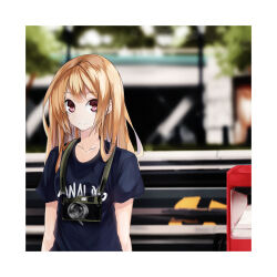 1girl black_eyes black_hair black_t-shirt blonde_hair camera happy laika looking_at_another medium_hair original purple_eyes tree