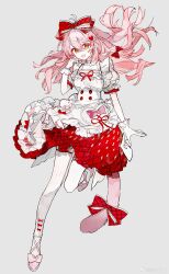  1girl absurdres antenna_hair arknights artist_name bow breasts buqiyong cat_girl cat_tail dress frilled_bow frilled_dress frills gloves goldenglow_(arknights) goldenglow_(party_in_the_garden)_(arknights) green_eyes grey_background hair_between_eyes hair_bow hair_ornament heart heart_hair_ornament highres looking_at_viewer medium_breasts multicolored_dress open_mouth pink_hair puffy_short_sleeves puffy_sleeves red_dress short_sleeves simple_background single_thighhigh smile solo striped_clothes striped_thighhighs tail thigh-highs vertical-striped_clothes vertical-striped_thighhighs white_dress white_gloves white_thighhighs 