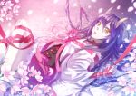  choker hinomoto_oniko horns kuni_honori kunimoto_ori long_hair lying on_back original petals purple_hair ribbon yellow_eyes 