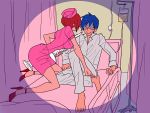  barefoot bed blue_hair couple high_heels hospital intravenous_drip kaito male medical meiko needle nurse patient red_hair redhead shoes short_hair sweat syringe vocaloid 