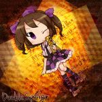  brown_hair cellphone checkered checkered_skirt chibi double_spoiler geta hat highres himekaidou_hatate necktie phone purple_eyes skirt solo tengu-geta tokin_hat touhou twintails violet_eyes wink yamabuki_(yusuraume) 