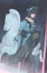  1girl absurdres amusement_park bare_shoulders black_capelet black_dress black_eyes black_gloves black_hair blue_dress boots breasts capelet carrousel dress fate/grand_order fate_(series) fur_hat gloves hair_between_eyes hand_on_own_chest hat highres horseback_riding juliet_sleeves kuonji_alice leg_between_thighs long_sleeves looking_at_viewer mahou_tsukai_no_yoru puffy_sleeves reien_girl's_academy_school_uniform riding school_uniform short_hair sidesaddle skirt sleeve_cuffs smile solo thigh-highs type-moon yuishironeko 