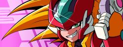 1boy armor close-up energy_gun forehead_jewel green_eyes gun helmet highres holding holding_gun holding_weapon male_focus mega_man_(series) mega_man_zx megamanuel model_zx_(mega_man) purple_background red_armor red_helmet simple_background smirk solo vent_(mega_man) wallpaper weapon