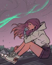  1girl commentary converse dc_comics english_commentary floating_hair full_body gabriel_picolo green_eyes highres hood hoodie long_hair looking_ahead night profile shorts solo starfire teen_titans wind 