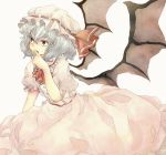  bad_id bat_wings blue_hair eeko hand_to_mouth hat red_eyes remilia_scarlet simple_background solo touhou wings 