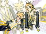  aqua_eyes blonde_hair brother_and_sister detached_sleeves elbow_gloves fingerless_gloves gloves hair_ornament hair_ribbon hairclip headphones kagamine_len kagamine_len_(append) kagamine_rin kagamine_rin_(append) len_append navel ribbon rin_append short_hair shorts siblings smile twins vocaloid 