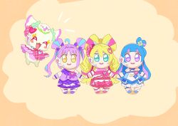  4girls absurdres bare_shoulders blonde_hair blue_hair cure_idol cure_kyunkyun cure_wink detached_sleeves doll dress fairy green_eyes highres kimi_to_idol_precure midriff multiple_girls off_shoulder otokamu precure purirun_(precure) purple_hair smile violet_eyes yellow_eyes 