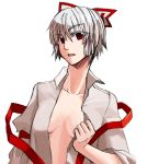  alternate_hairstyle bad_anatomy bad_id bust dress_shirt fujiwara_no_mokou gingercookie hair_ribbon no_bra open_clothes open_shirt red_hair redhead ribbon shirt short_hair silver_hair simple_background sleeves_rolled_up solo suspenders touhou undressing 