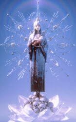  1girl absurdres barefoot blood blood_on_clothes blue_sky chinese_clothes chinese_commentary closed_mouth commentary_request day expressionless eyelashes feet fingernails flower full_body gao_sheng hair_tie hanfu highres holding holding_skull lipstick long_hair long_sleeves looking_at_viewer lotus low-tied_sidelocks makeup original outdoors parted_bangs pile_of_skulls qujupao rainbow realistic red_eyes red_lips red_sash sash skeleton skull sky solo standing straight-on straight_hair toenails toes very_long_hair waist_sash white_flower white_hair white_hanfu wide_sleeves 