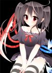  adapted_costume alternate_hairstyle asymmetrical_wings bad_id bare_shoulders black_hair dress houjuu_nue long_hair pointy_ears red_eyes seiza sitting smile solo striped striped_legwear striped_thighhighs suzume_miku thigh-highs thighhighs touhou twintails v_arms wings 