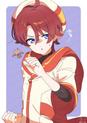  1boy back_bow beret black_shirt border bow brown_hair buttons clenched_hands commentary_request daifuku_(precure) disgust eyelashes fighting_stance fingernails frown furrowed_brow hair_between_eyes hat highres horizontal-striped_sleeve_cuffs layered_sleeves long_sleeves looking_at_viewer magical_boy male_focus orange_bow orange_sailor_collar orange_sleeve_cuffs outside_border parted_bangs parted_lips paru_rari pocket precure purple_background rabbit robe sailor_collar shirt short_hair signature sound_effects standing sweatdrop toyama_satoru triangle_mouth turtleneck turtleneck_shirt twitter_username upper_body violet_eyes white_border white_hat white_robe wonderful_precure! 