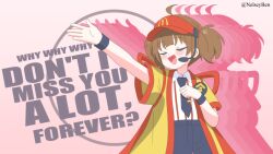  1girl ahoge back_bow badge black_necktie black_shorts bnelsey bow brown_hair button_badge closed_eyes commentary dress_shirt employee_uniform english_commentary english_text fast_food_uniform hand_on_own_chest hat headset highres imadake_dabuchi_tabemi marisa_stole_the_precious_thing mcdonald's music necktie open_mouth red_hat red_stripes shirt short_hair short_sleeves shorts silhouette singing smile solo striped_clothes striped_shirt tasuki tie_clip twintails twitter_username vertical-striped_clothes vertical-striped_shirt visor_cap white_shirt wing_collar wristband yellow_happi 