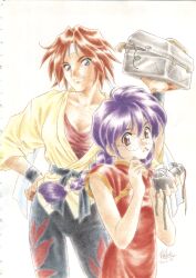  2girls absurdres archived_source armband artist_name black_armband black_leggings blunt_ends box braid braided_twintails breasts brown_eyes brown_gloves cable china_dress chinese_clothes closed_mouth collar collarbone collared_dress cowboy_shot crease dougi dress fingerless_gloves floral_print floral_print_pants freckles glasses gloves hair_between_eyes hair_tie hairband hand_on_own_hip height_difference highres holding holding_box holding_screwdriver jacket karate_gi kirishima_kanna leggings long_hair looking_at_another looking_at_viewer low-braided_long_hair low-tied_long_hair low_twin_braids low_twintails mandarin_collar martial_arts_belt medium_breasts medium_request mouth_hold multiple_girls muscular muscular_female nail_(hardware) official_art okuda_matsuri purple_hair red_collar red_dress red_hair red_sleeves red_tank_top ri_kouran rimless_eyewear round_eyewear sakura_taisen scan scan_artifacts screwdriver sega short_hair short_sleeves signature simple_background smile spandex tank_top third-party_source three-quarter_sleeves toolbox traditional_media twin_braids twintails two-sided_sleeves violet_eyes white_background white_hairband yellow_jacket yellow_sleeves 