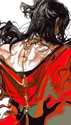  1boy back back_focus bare_shoulders bead_necklace beads black_hair chinese_clothes chinese_commentary dao_gui_yi_xian facing_away floating_hair from_behind half_updo hanfu highres jewelry li_huowang long_hair male_focus necklace off_shoulder red_hanfu sadeli349 scar scar_on_back simple_background solo tassel upper_body white_background 