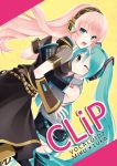  aqua_eyes blue_eyes cover cover_page detached_sleeves hatsune_miku hijikini hug long_hair megurine_luka multiple_girls necktie pink_hair skirt smile thigh-highs thighhighs twintails very_long_hair vocaloid wink yuri 