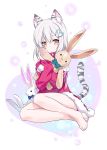  bare_legs barefoot copyright_request doll doll_hug feet hair_ornament hairclip heart kousaki_rui looking_at_viewer short_hair sitting solo stuffed_animal stuffed_bunny stuffed_rabbit stuffed_toy sweater tail tiger_ears tiger_tail white_hair yellow_eyes yokozuwari 