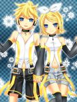  blonde_hair brother_and_sister detached_sleeves hair_ornament hair_ribbon highres kagamine_len kagamine_len_(append) kagamine_rin kagamine_rin_(append) len_append navel navel_cutout ribbon rin_append short_hair shorts siblings smile twins vocaloid vocaloid_append yayoi_(egoistic_realism) 