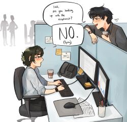  1boy 1girl 3others absurdres alien_stage black_eyes black_hair black_shirt blush chair claw_hair_clip collared_shirt commentary computer computer_keyboard computer_mouse corded_phone cubicle cup disposable_coffee_cup disposable_cup earrings english_commentary english_text highres holding holding_cup ivan_(alien_stage) jewelry maie_(masayaso) monitor multiple_others office_chair open_mouth phone shirt short_hair smile sticky_note sua_(alien_stage) sweater swivel_chair watch watch white_sweater 